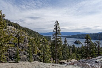 Scenic view of a pine forest in front of Lake Tahoe