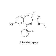 Ethyl dirazepate molecule flat skeletal structure, Benzodiazepine class drug used as Sedative, hypnotic agent. Vector illustration on white background.