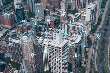 Fototapeta na wymiar Aerial panoramic city view of Chicago downtown area, day time, Illinois, USA. Birds eye view, skyscrapers, skyline. Social media hologram. Concept of networking and establishing new people connections