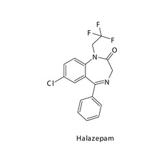 Halazepam molecule flat skeletal structure, Benzodiazepine class drug used as Anxiolytic agent. Vector illustration on white background.