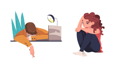 Set of tired, exhausted people. Office employee sleeping at desk in front of laptop computer, unhappy girl sitting on floor cartoon vector illustration