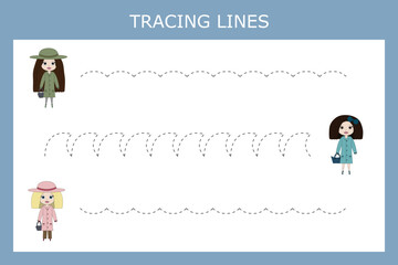 Tracing lines game with cute girls, dolls. Worksheet for preschool kids, kids activity sheet, printable worksheet