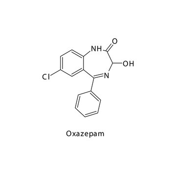 Oxazepam molecule flat skeletal structure, Benzodiazepine class drug used as Anxiolytic, anticonvulsant, sedative, hypnotic agent. Vector illustration on white background.