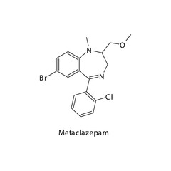 Metaclazepam molecule flat skeletal structure, Benzodiazepine class drug used as Anxiolytic, anticonvulsant, sedative, hypnotic agent. Vector illustration on white background.
