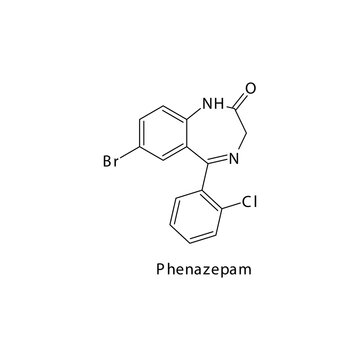 Phenazepam molecule flat skeletal structure, Benzodiazepine class drug used as Anxiolytic agent. Vector illustration on white background.