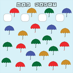 How many counting game with colorful  umbrella. Worksheet for preschool kids, kids activity sheet, printable worksheet
