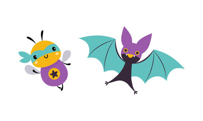 Superhero baby animals in capes and masks set. Cute little honey bee and bat dressed as superheroes cartoon vector illustration