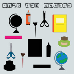Find correct shadow with stationery school.  Kids educational game. 
