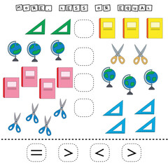 math problem: Greater, less, or equal. Count the number of cartoon stationery school and compare. Educational math game for children.

