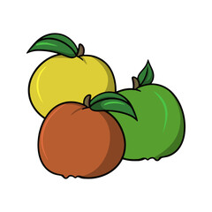 Multicolored apples with green leaves, vector cartoon