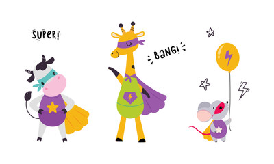 Superhero baby animals in capes and masks set. Cute little cow, giraffe, mouse dressed as superheroes cartoon vector illustration