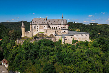 Fototapeta na wymiar Aerial panoramic landscape view of the stunning beautiful Vianden castle in norther Luxembourg, Ardennes