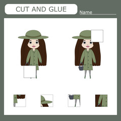 Worksheet vector design, the task is to cut and glue a piece on girls.  Logic game for children.
