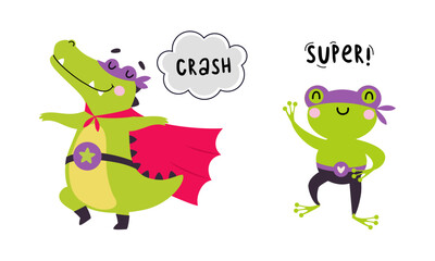 Superhero baby animals in capes and masks set. Cute little crocodile and frog dressed as superheroes cartoon vector illustration
