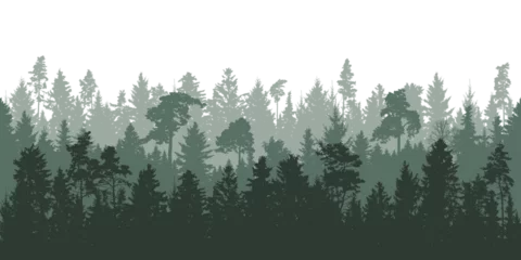 Wandcirkels aluminium Bosachtergrond, mooi landschapsbehang. Groenblijvende naaldbomen. Silhouetten van dennen, sparren, loofbomen. vector illustratie © nosyrevy