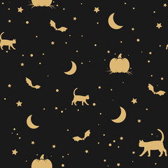 seamless pattern with golden cats, stars, pumpkins and bats on black background. holiday fairy tale ornament