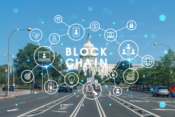Fototapeta premium Capitol dome building exterior, Washington DC, USA. Home of Congress and Capitol Hill. American political system. Decentralized economy. Blockchain, cryptography and cryptocurrency concept, hologram