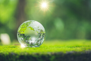Sunlight with earth sphere crystal or sustainable globe glass on green moss nature background in...