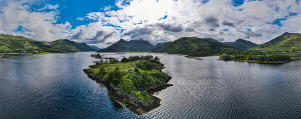 Aerial panoramic view of Loch Leven and Glencoe with Ben Nevis mountain 