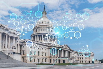 Obraz na płótnie Canvas Capitol dome building exterior, Washington DC, USA. Home of Congress and Capitol Hill. American political system. Decentralized economy. Blockchain, cryptography and cryptocurrency concept, hologram