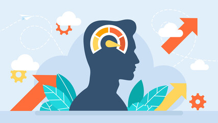 Speed of thinking. Fast work of the human brain. Personality development, evolution of business growth. Education, taking courses, trainings. Maximum load. Flat design. Illustration. - obrazy, fototapety, plakaty