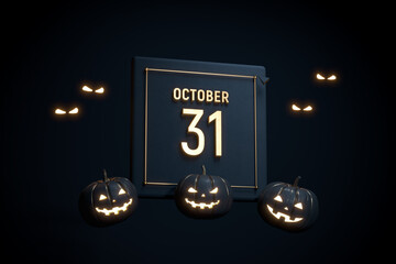 Minimal 3d illustration October 31st calendar with scary pumpkins. Halloween party web banner. Dark and gold halloween composition. 3d illustration. 3d render.