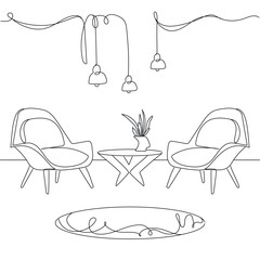 Line drawing of two modern armchairs and coffee table with vase with flowers.Modern minimal interior design.Hanging pendant Loft lamps.Scandinavian stylish furniture in simple Linear style.Vector 