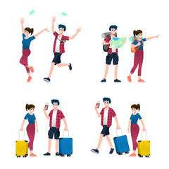 Young happy man and woman tourists flat cartoon character. Around the world traveling male and female people on a summer vacation trip, Isolated on white background.