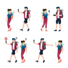 Young happy man and woman tourists flat cartoon character. Around the world traveling male and female people on a summer vacation trip, Isolated on white background.