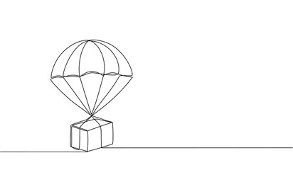 Continuous one line drawing of a delivery with a parachute jumping down from the air. Online shopping concept, fast delivery by parachute carrying box in doodle style. vector illustration