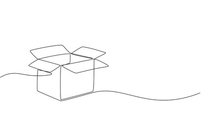Continu een lijntekening van een kartonnen doos. Online winkelconcept, snelle levering, kartonnen doos, verzending en verpakking. Transport, kartonnen doos in doodle stijl. vectorillustratie