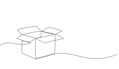 Crédence de cuisine en verre imprimé Une ligne Continuous one line drawing of a cardboard box. Online shopping concept, fast delivery, carton box, shipping and packaging. Transport, cardboard box in doodle style. vector illustration