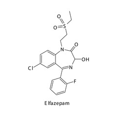 Elfazepam molecule flat skeletal structure, Benzodiazepine class drug used as Sedative, hypnotic agent. Vector illustration on white background.
