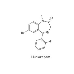 Fototapeta premium Fludiazepam molecule flat skeletal structure, Benzodiazepine class drug used as Anxiolytic, anticonvulsant, sedative, hypnotic agent. Vector illustration on white background.