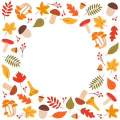 Doodle fall color set of tree leaves and mushrooms, autumn concept, vector illustration.
