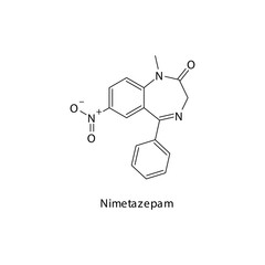 Nimetazepam molecule flat skeletal structure, Benzodiazepine class drug used as Anxiolytic, anticonvulsant, sedative, hypnotic agent. Vector illustration on white background.