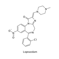 Loprazolam molecule flat skeletal structure, Benzodiazepine class drug used as Anxiolytic, anticonvulsant, sedative, hypnotic agent. Vector illustration on white background.