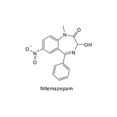 Nitemazepam molecule flat skeletal structure, Benzodiazepine class drug used as Sedative, hypnotic agent. Vector illustration on white background.