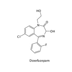 Doxefazepam molecule flat skeletal structure, Benzodiazepine class drug used as Sedative, hypnotic agent. Vector illustration on white background.