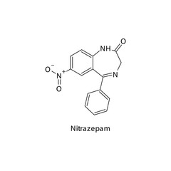 Nitrazepam molecule flat skeletal structure, Benzodiazepine class drug used as Anxiolytic, anticonvulsant, sedative, hypnotic agent. Vector illustration on white background.