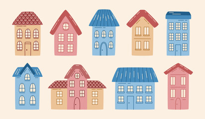Fototapeta na wymiar Collection of various minimalist doodle houses. Hand drawn cute city buildings. vector illustration.