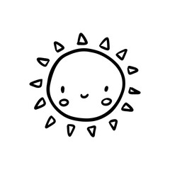 Obraz premium Cute cartoon hand drawn sun. Sweet vector black and white sun drawing..