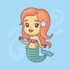 Cute mermaid. Chibi styled cartoon character vector illustration