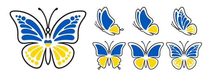 Blue yellow monarch butterfly contour line isolated on white background. Modern vector graphic illustration. Patriotic concept is perfect for Ukraine patriot sticker, icon and decoration design