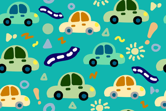 Fantasy fictitious cars, children drawing of a auto, a seamless pattern of automobile and road signs