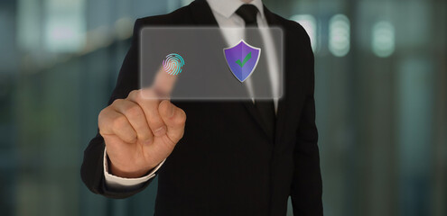 Darstellung der biometrischen Enstsperrmethode durch Fingerabdruck. Mit Schildsymbol, stehend für...