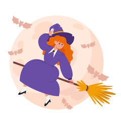 A witch in a purple dress and hat flies on a witch's broomstick
