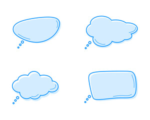 Set of blue speech bubbles. Doodle hand draw like kids style in pastel color for use in business, chat, inbox, dialog, message, question, communication, talk, speak, sticker, balloon, thinking