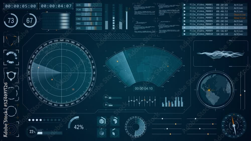 Poster motion graphic of blue color sonar radar screen searching an object with futuristic head up display 