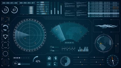 Motion graphic of Blue color sonar radar screen searching an object with futuristic head up display ( HUD UI ) technology interface screen and chat panel abstract background	
 - Powered by Adobe